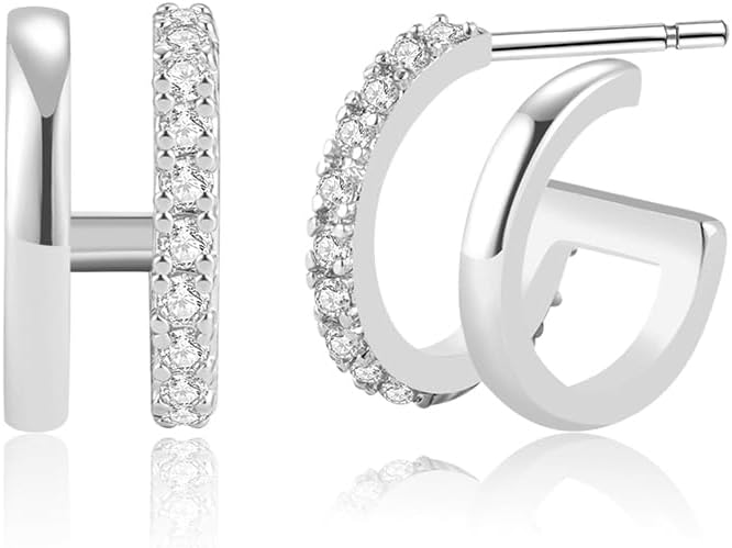 Obidos 14K Gold Plated Triple Huggie Illusion Stud Earrings | Double Huggie Hoop Earrings for One Hole | Gold Hoop Earrings for Women | Drop earrings - Image 1